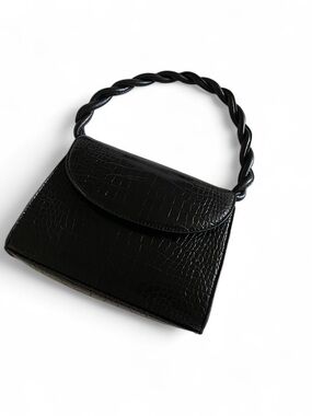 Black Croc-Texture Twisted Handle Shoulder Bag